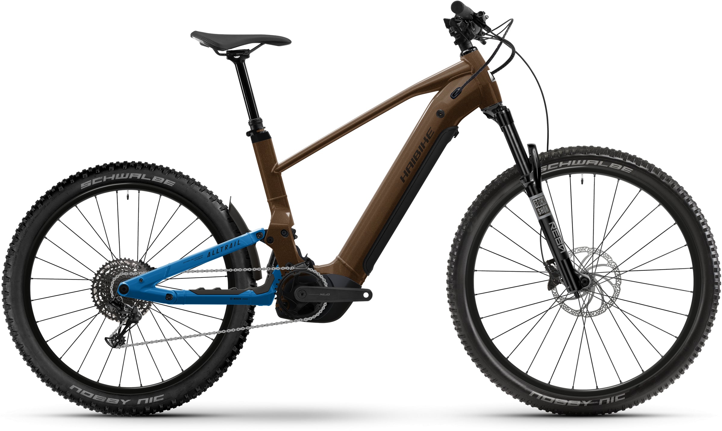 2026 Haibike Alltrail 6 Electric Full Suspension Mountain Bike In Glossy Leather & Platinum Blue Glossy